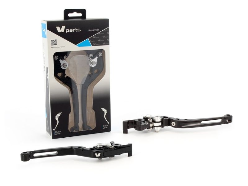 Leviers V PARTS repliables 177mm taillé masse noir/visserie alu avec adaptateurs par paire Honda