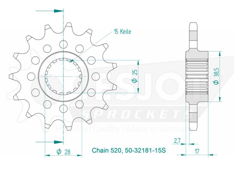Pignon Lightweight Ducati - 520 - 15 Dents - Made in Germany0